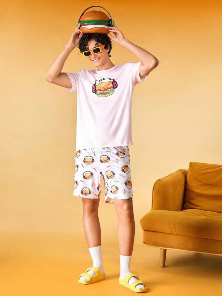 WALL_SLEEP Men's Funny Musical Hamburger & Headphone Graphic Sleepwear Set